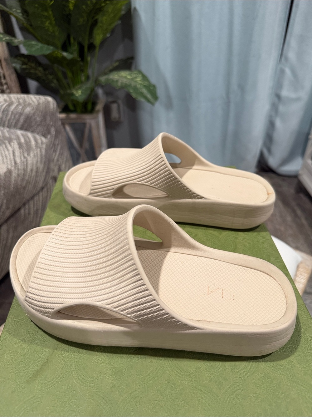 Calia Beige Ribbed Slide Sandals - Comfortable Platform Slides - 9